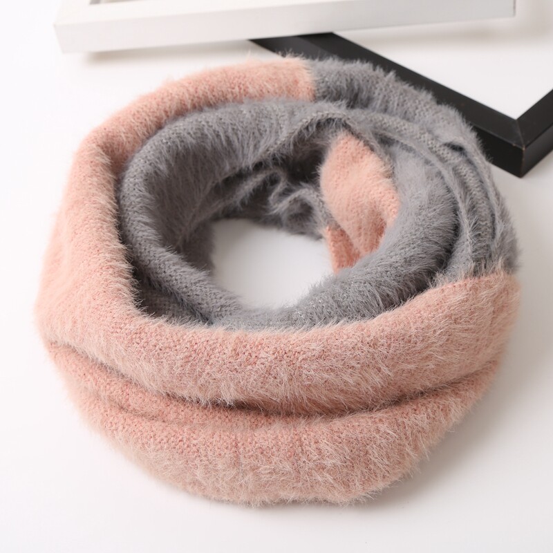 冬天学生保暖女加厚毛线围脖套头百搭针织拼色韩版毛毛绒围巾护颈
