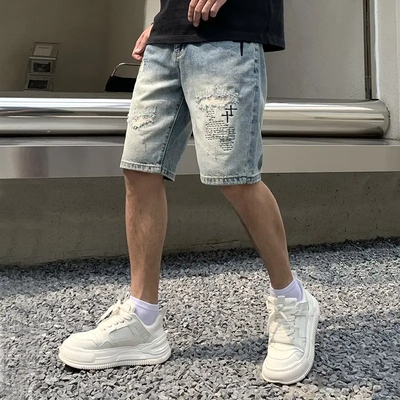 夏季牛仔短裤男潮牌痞帅破洞补丁五分裤刺绣新款裤子男款直筒中裤