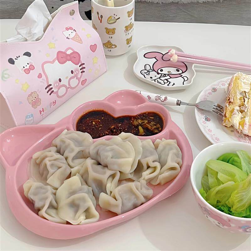 hellokitty盘陶瓷带碟卡通用分格盘子高颜值甜点餐盘