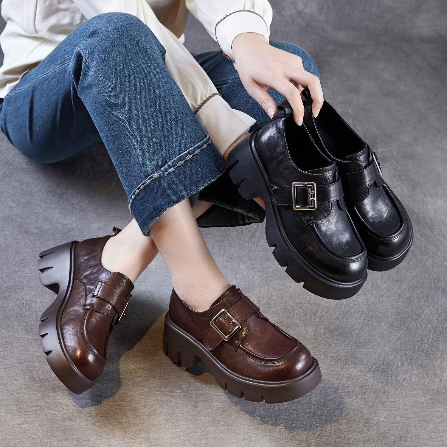 轻奢头层牛皮乐福小皮鞋女2026春季新款复古英伦风厚底增高单鞋子,女鞋,乐福鞋（豆豆鞋）,淘宝优惠券,粉丝福利购,淘宝优惠卷