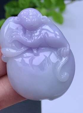 天然缅甸翡翠A货紫罗兰猴子抱桃吊坠毛衣链吊坠完美实拍日常佩戴