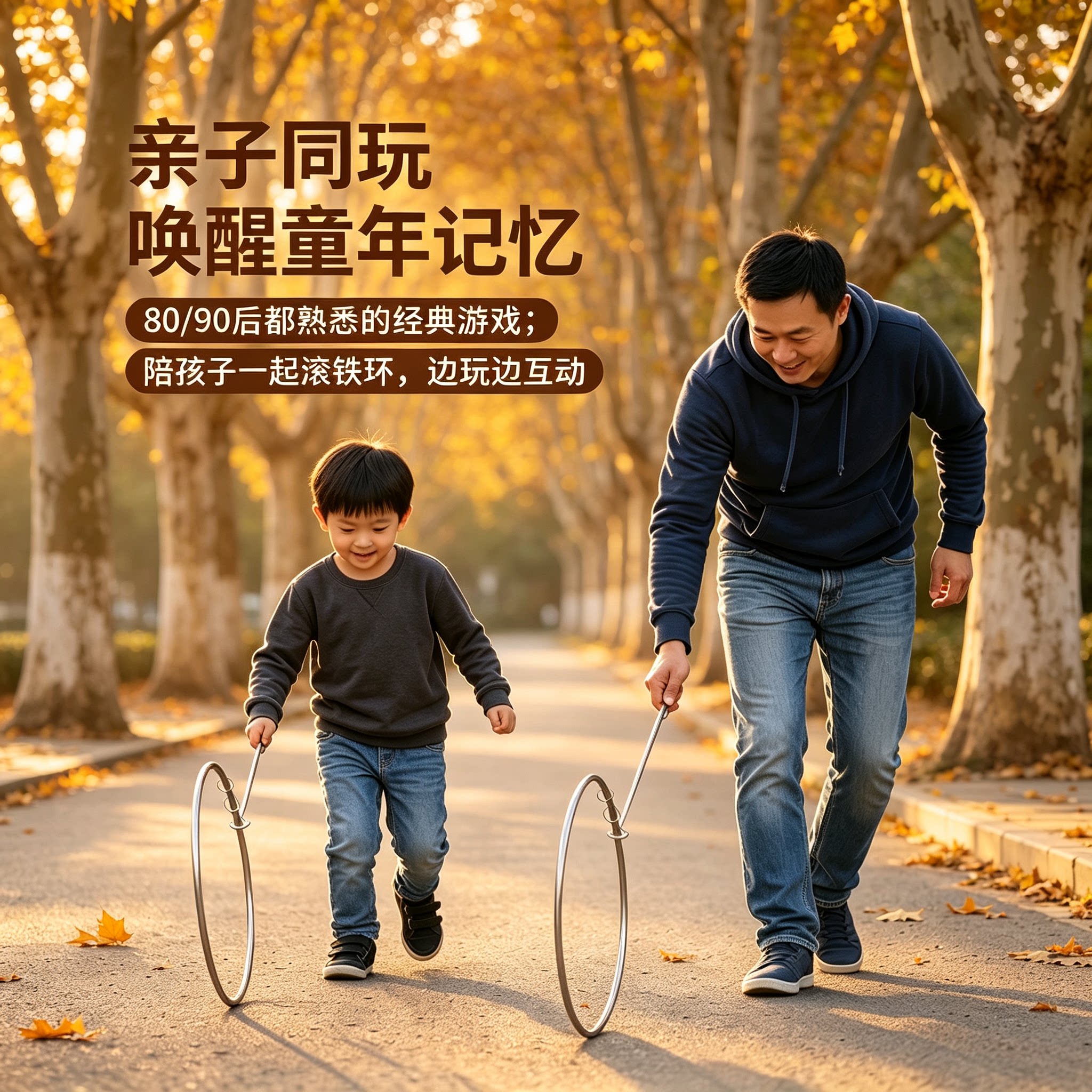 80后怀旧滚铁环儿童成人玩具扁粗实心推圈风火轮户外运动健身器