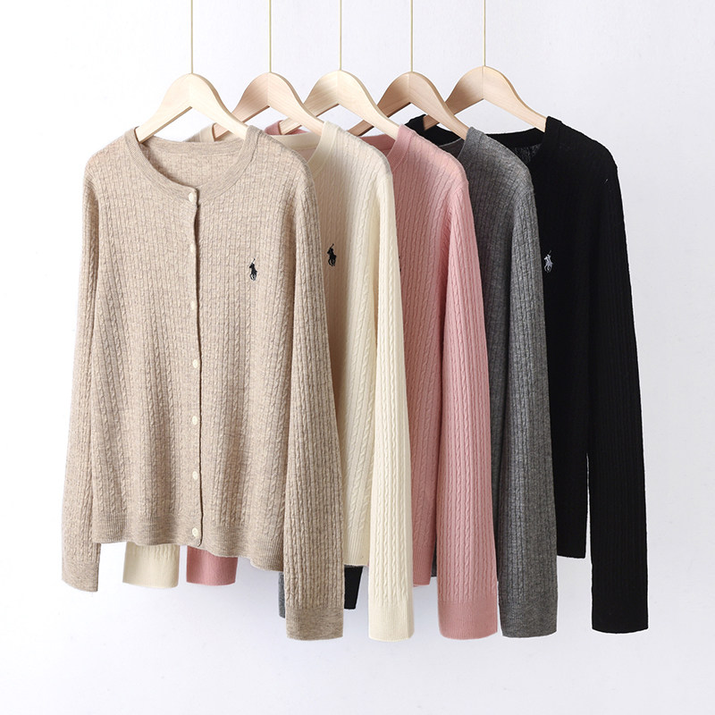 春季薄款精纺100%纯羊毛圆领开衫女长袖麻花刺绣针织外套宽松外搭