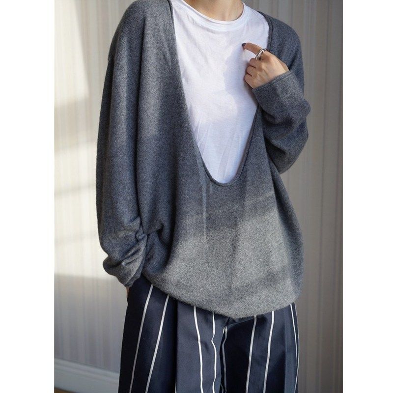 秋冬卷边v领叠穿羊绒衫宽松毛衣