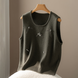 重工钉珠镶钻U领100%山羊绒背心女秋冬叠穿无袖 内搭针织打底坎肩