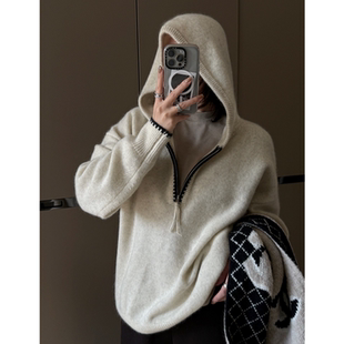 慵懒风撞色牙边半拉链连帽衫 女秋冬宽松套头毛衣 100%纯羊毛针织衫