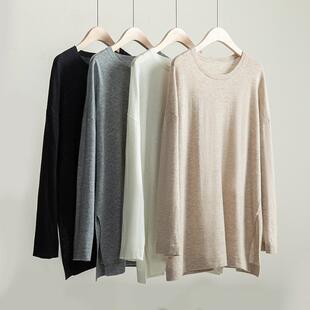 针织打底 圆领宽松大码 68支精纺超薄100%山羊绒蝙蝠衫 女秋冬中长款
