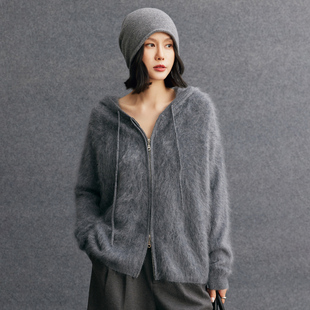 拉绒100%纯山羊绒开衫 女秋冬连帽拉链外套小火炉针织毛衣宽松上衣