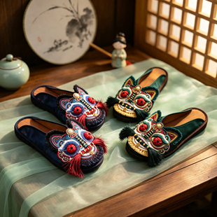 千层底『青苔上』牛仔刺绣虎头鞋国风非遗手工老虎鞋北京布鞋拖鞋