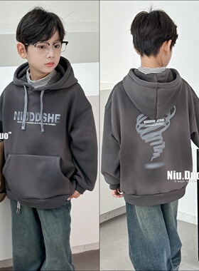 牛哆哆童装2025秋冬潮牌加绒连帽卫衣中大童宽松一体绒帽衫55351