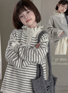 G+童装2025冬款女童甜美蕾丝毛衣中大童洋气打底衫条纹上衣52853