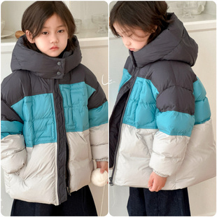 啦芙莱2024冬款 拼色90白鸭绒休闲连帽羽绒服外套6016 男童女童时尚