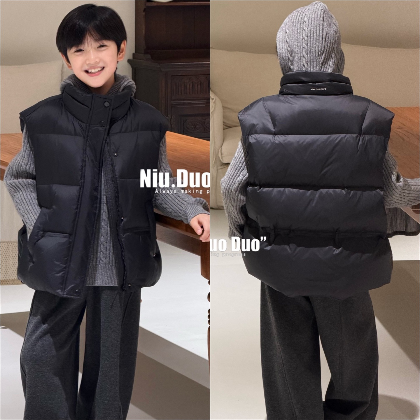 牛哆哆童装立领90白鸭绒羽绒马甲