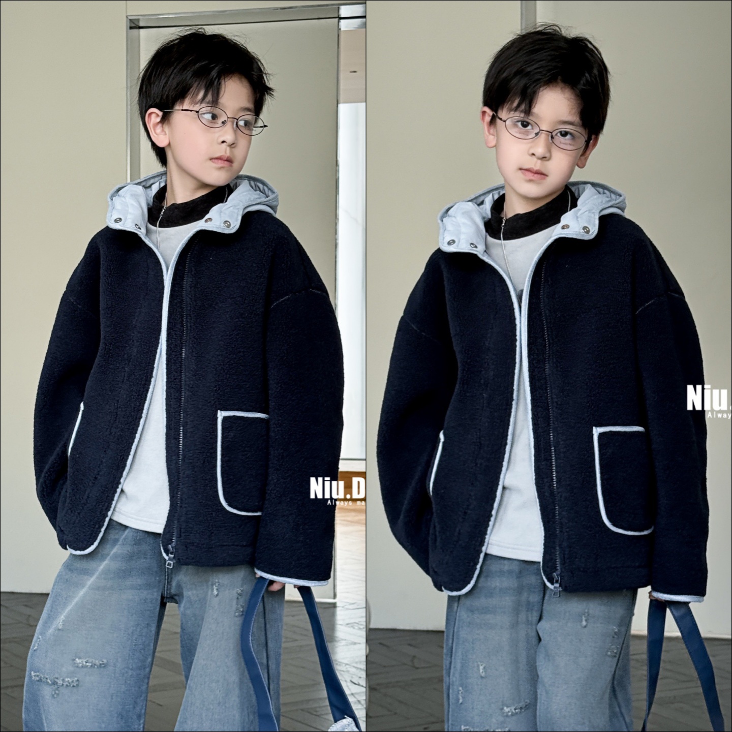 牛哆哆童装撞色连帽颗粒绒外套