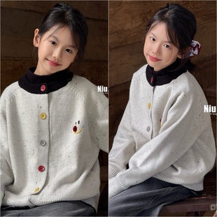牛哆哆2025秋冬女童软糯点子纱开衫毛衣儿童撞色针织衫外套15321