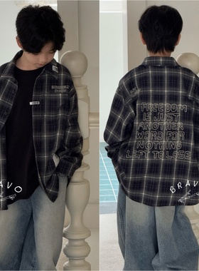 布芮欧2025秋男童经典格子贴布长袖衬衫儿童舒适宽松薄外套16206