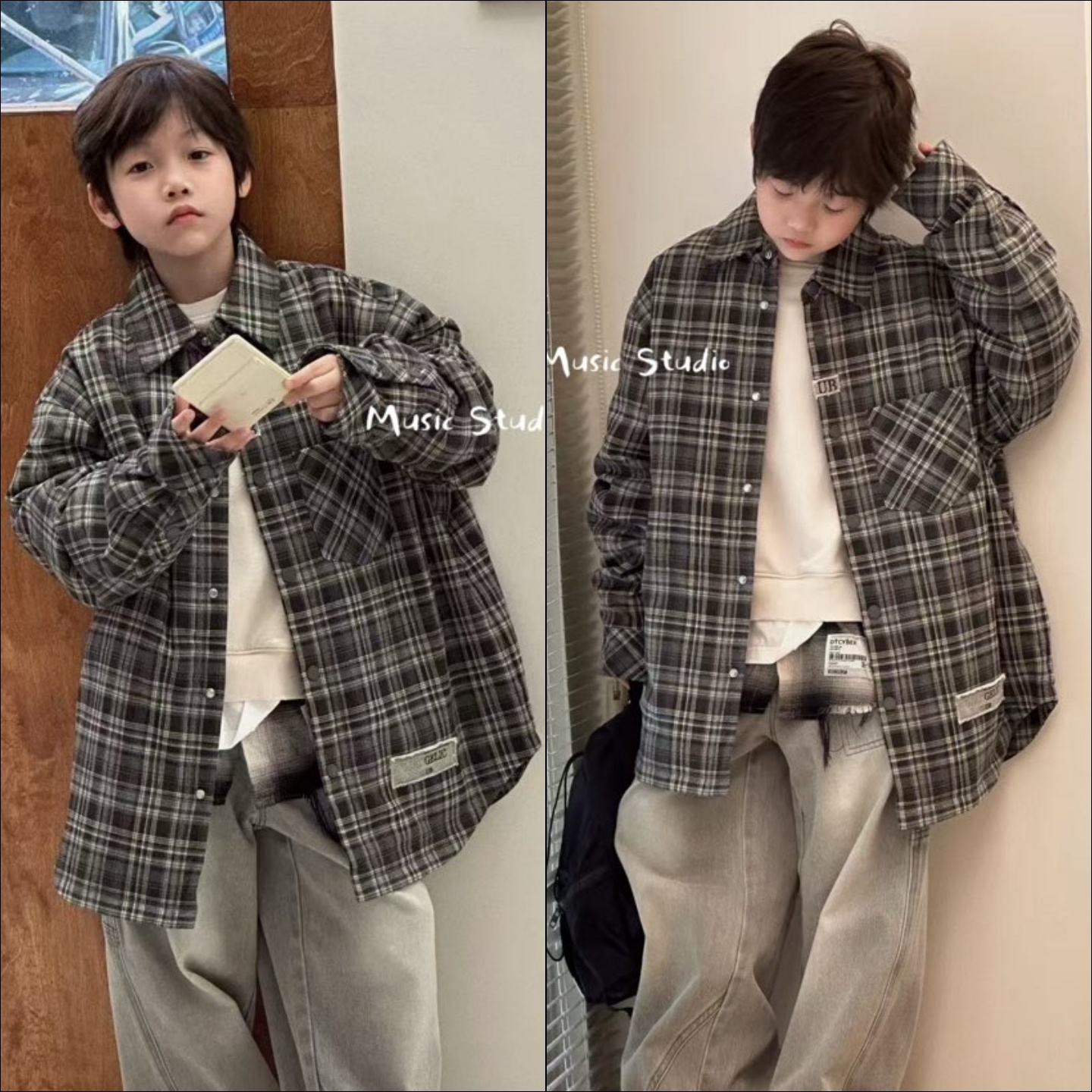 男童宽松格子轻薄羽绒服衬衫外套