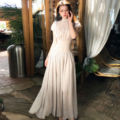 法式浪漫优雅复古风裙子打揽工艺小众褶皱收腰长款连衣裙