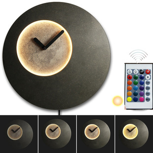 亚马逊跨境 水泥质感led moon clock创意LED夜灯壁灯家饰挂钟月亮