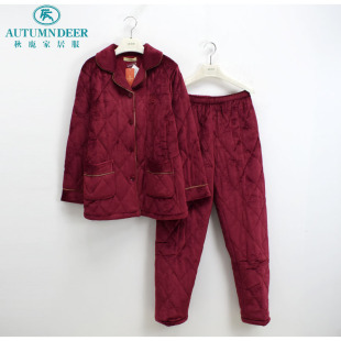 秋鹿睡衣2023冬季 女士三层加厚保暖贝贝绒斜纹压花夹棉家居服棉袄