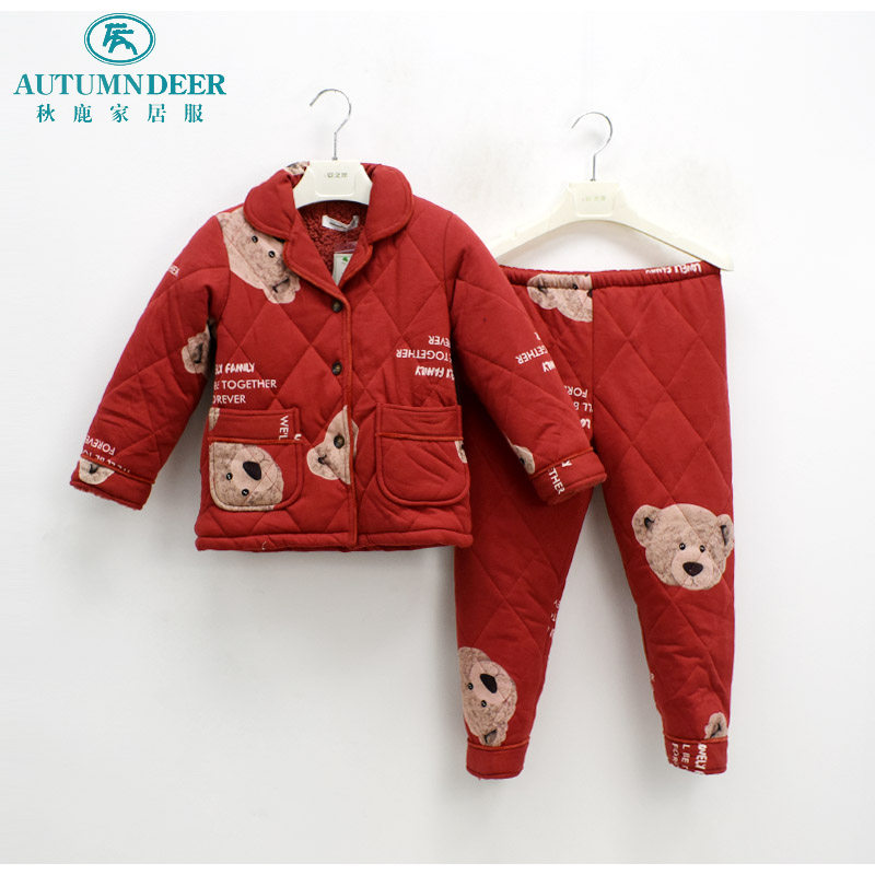 秋鹿儿童睡衣冬新款男女童纯棉三层加厚保暖夹棉卡通可爱小熊棉袄
