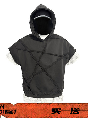 EVIL GAZER 拼接毛边dirtyfit暗黑做旧废土风格无袖连帽卫衣帽衫