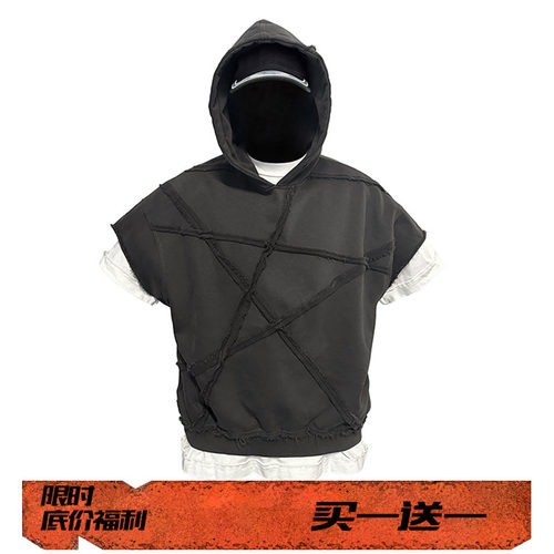 EVIL GAZER 拼接毛边dirtyfit暗黑做旧废土风格无袖连帽卫衣帽衫