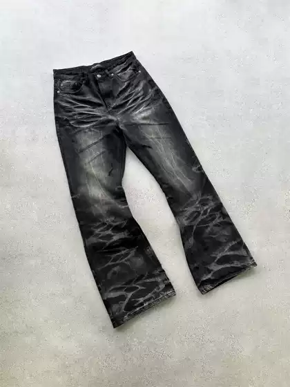 Evil Gazer Three-Dimensional Whiskered Black Water Ripple "Ghost Wash" Dirtyfit Micro-Flared Denim Pants