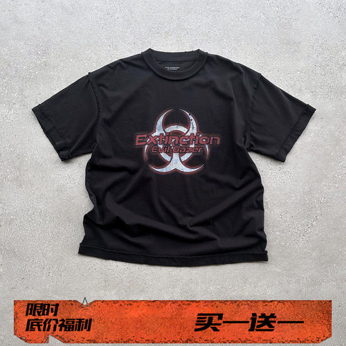 EVIL GAZER复古做旧vintage生化危机印花黑色宽松短袖T恤tee