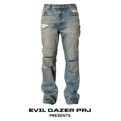 EVIL GAZER复古newvintage微喇修身破洞脏染做旧牛仔长裤cleanfit