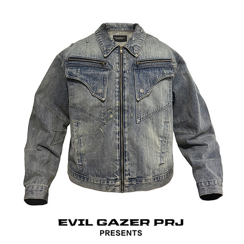 EVIL GAZER宽松复古黄泥染洗水做旧恶魔牛仔外套Archive短款夹克