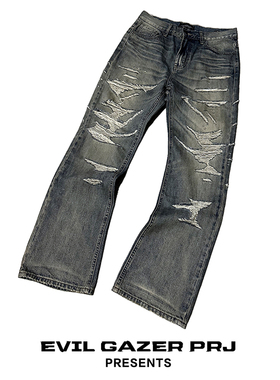 EVIL GAZER“刀割龙魂”复古vintage微喇破洞脏染做旧风牛仔长裤