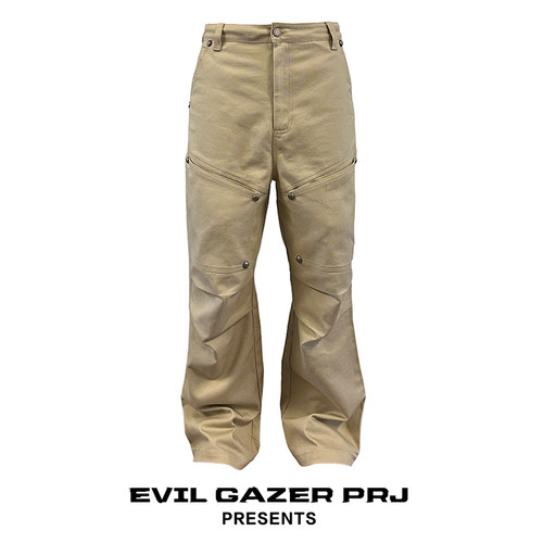 EVIL GAZER 直筒宽松微喇重磅加厚改良卡其色工装休闲长裤