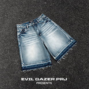 fit EVIL 水洗冰蓝宽松做旧裤 GAZER 脚拆毛边五分牛仔短裤 男clean