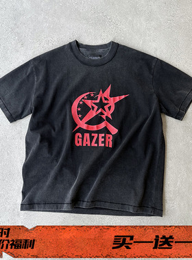 EVIL GAZER 复古洗水做旧开裂破损印花炒色渐变黑色宽松短袖T恤