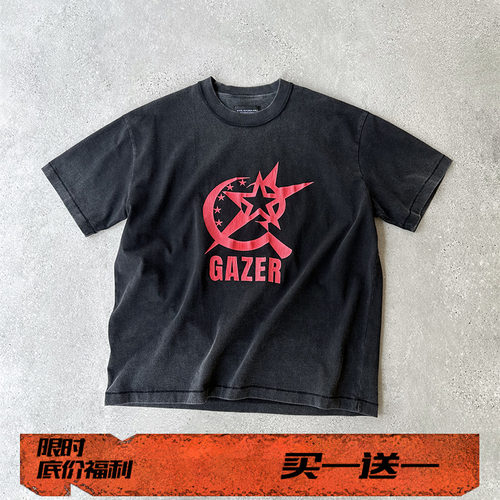 EVIL GAZER 复古洗水做旧开裂破损印花炒色渐变黑色宽松短袖T恤