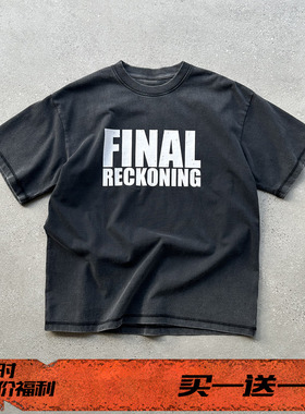 EVIL GAZER 复古洗水做旧破损印花炒色渐变黑色宽松短袖T恤