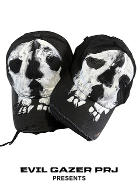 EVIL GAZER 艺术家纯手绘黑色洗水做旧 手工破坏破洞恶魔鸭舌帽