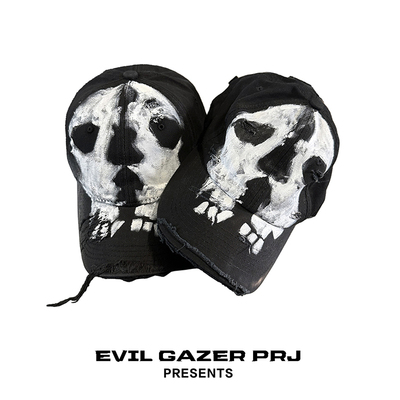 EVIL GAZER 艺术家纯手绘黑色洗水做旧 手工破坏破洞恶魔鸭舌帽