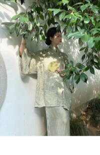 立领初秋外套 大袖 Y路过ENDEHORSDE 原创设计艾草染绿绿幽绸缎水袖