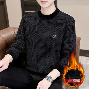 冬季长袖男简欧版大码卫衣套头加绒加厚老花圆领藏青9233加绒P55图片