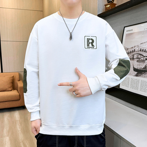 长袖卫衣男t恤男大码圆领套头刺绣宽松休闲精工艺模特白色9755P40