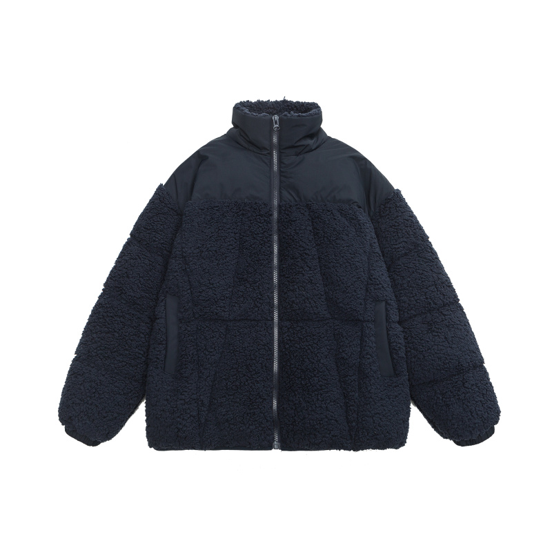 得物可二开新标鸭绒潮牌阔版羊羔毛拼接立领羽绒服藏青9168P310，男装羽绒服，星座1207