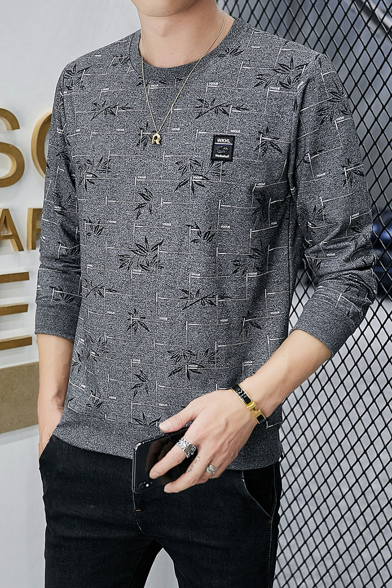 春季长袖男彩棉薄款小叶卫衣男t恤男时尚印花圆领套头灰色9613,男装卫衣,星座1207