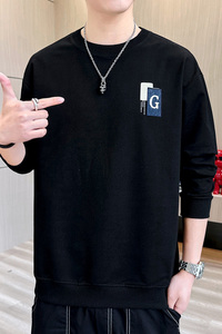 长袖卫衣男t恤男大码圆领套头刺绣宽松休闲精工艺模特黑色9757P40图片