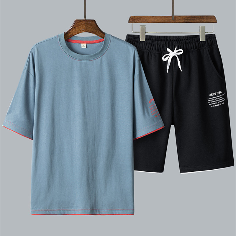 夏季棉t恤圆领假两件短袖套装松紧沙滩短裤两件套蓝TZ355P35，男装休闲套装，星座1207