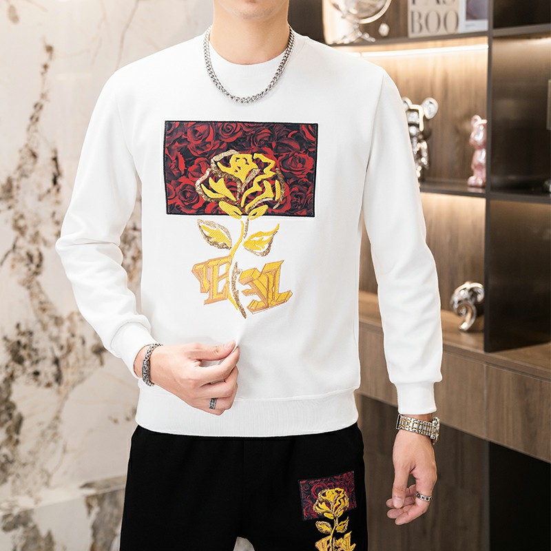 秋冬时尚套装简欧圆领休闲男士卫衣两件长袖长裤印花白色9351P120图片