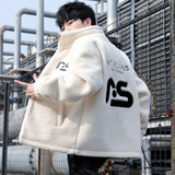 冬季棉衣拼接立领潮牌加绒加厚外套英文颗粒绒拉链模特白9125P100，男装棉衣，星座1207