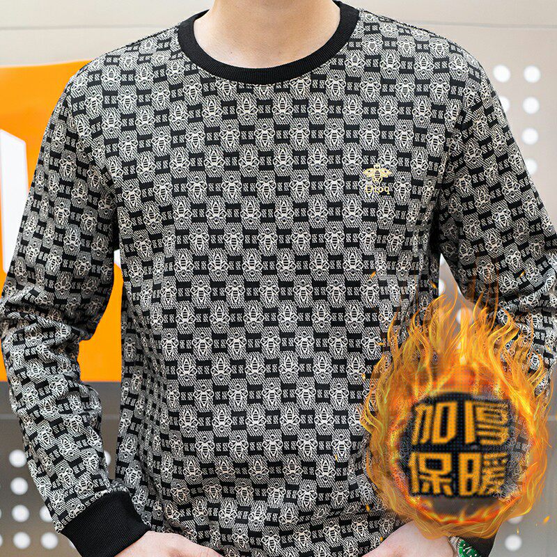 冬季长袖男简欧版大码卫衣套头加绒加厚印花圆脸杏色9753加绒P55图片