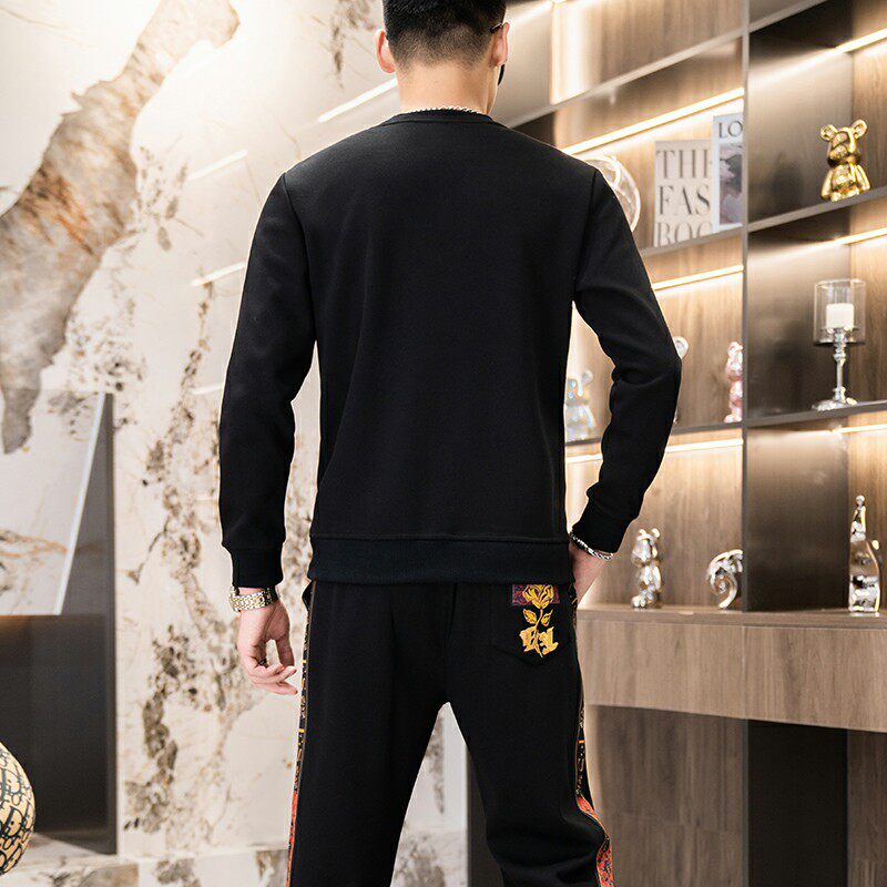 秋冬时尚套装简欧圆领休闲男士卫衣两件长袖长裤印花黑色9351P120,男装休闲套装,星座1207